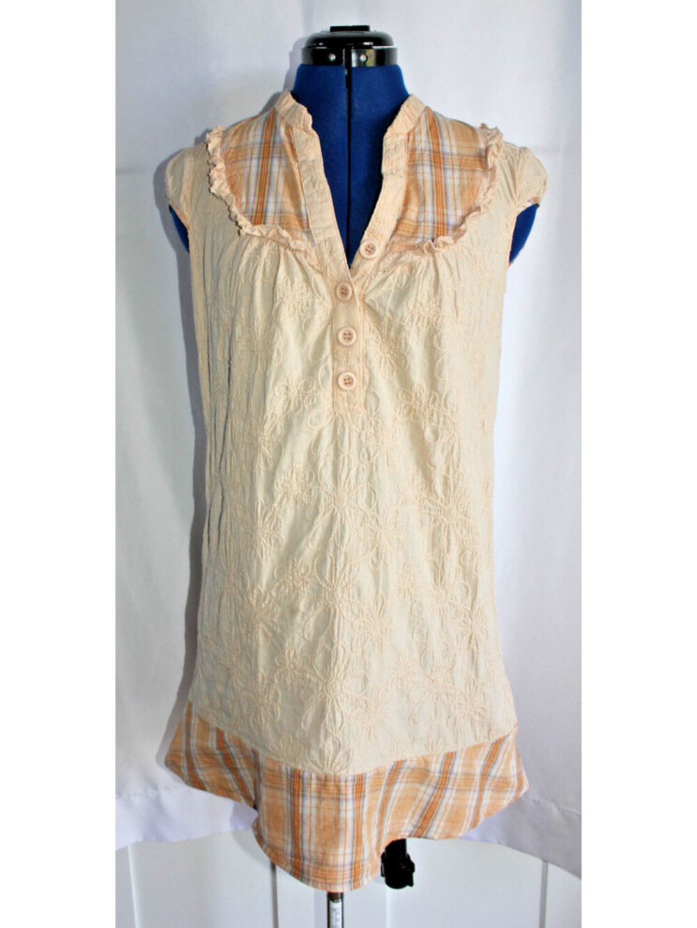 Charlotte Russe Boho Beige Eyelet Floral Mini Dress Plaid Accent Trim Small